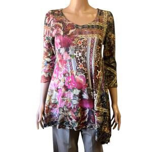 One World Brown Pink Tunic Top XS Studded Asymmetrical Flared Comfy Casual
